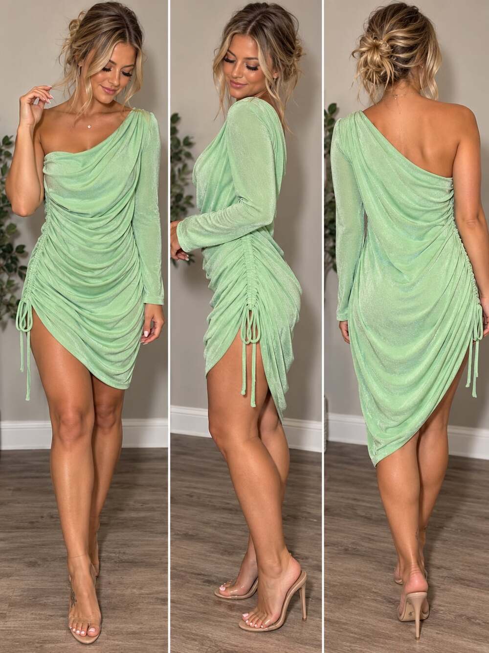 Lulus Seafoam Green One Shoulder Ruched Asymmetrical Mini Dress Size M